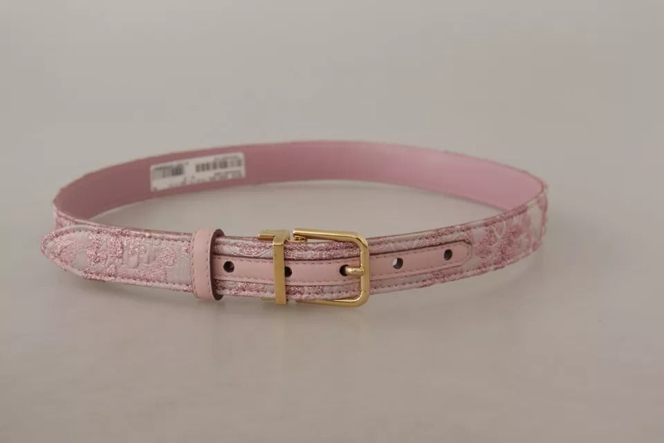 Rosa broderad jacquardvävd midjeband med guldtonad metallspänne
