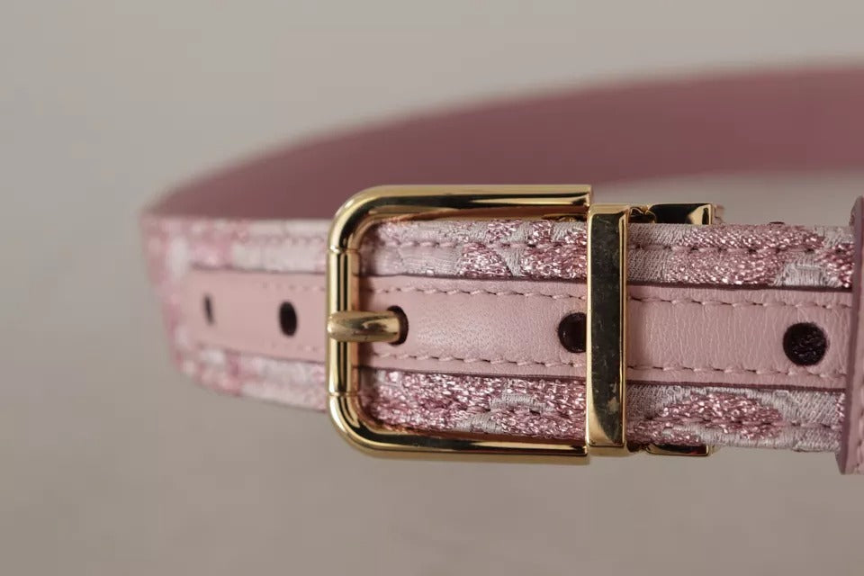 Rosa broderad jacquardvävd midjeband med guldtonad metallspänne