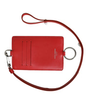 Red Calfskin Leather Lanyard Logo Card Holder Wallet