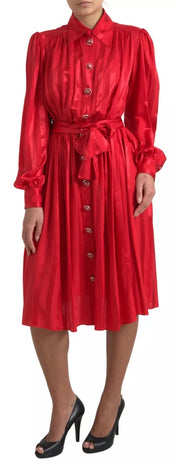 Red Button Down Belted Midi Satin Silk Dress
