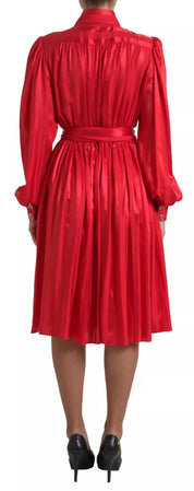 Red Button Down Belted Midi Satin Silk Dress