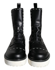 Black Leather Combat Mid Calf Boots Shoes