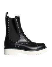 Black Leather Combat Mid Calf Boots Shoes