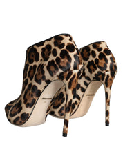 Brown Leopard Calf Fur Heels Ankle Boots Shoes