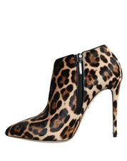 Brown Leopard Calf Fur Heels Ankle Boots Shoes