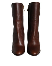 Brown Leather Heels Mid Calf Boots Shoes