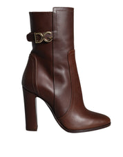 Brown Leather Heels Mid Calf Boots Shoes