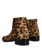 Brown Leopard Calf Fur Ankle Boots Shoes