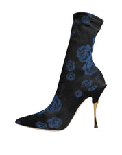 Black Floral Stretch Mid Calf Boots Shoes