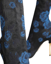 Black Floral Stretch Mid Calf Boots Shoes