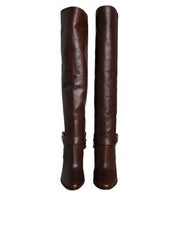 Brown Leather Gold Tone Logo High Boots Shoes