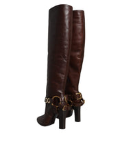 Brown Leather Gold Tone Logo High Boots Shoes