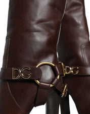 Brown Leather Gold Tone Logo High Boots Shoes