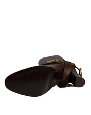 Brown Leather Gold Tone Logo High Boots Shoes