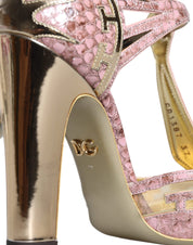 Pink Gold Leather Pumps T-strap Sandals Shoes