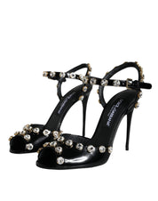 Black Leather Crystal Ankle Strap Sandals Shoes