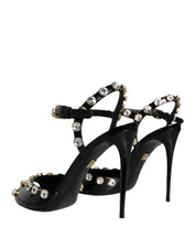 Black Leather Crystal Ankle Strap Sandals Shoes