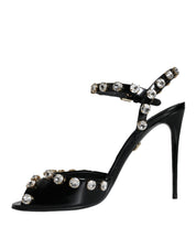 Black Leather Crystal Ankle Strap Sandals Shoes