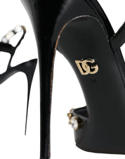 Black Leather Crystal Ankle Strap Sandals Shoes