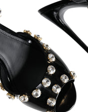 Black Leather Crystal Ankle Strap Sandals Shoes