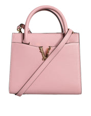 Liten rosa axelväska i läder med övre handtag och strukturerat kalvskinn.