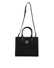 Black Top Handle Canvas Leather Logo Crossbody Tote Bag