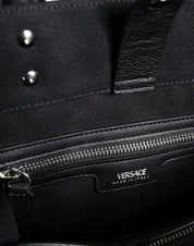 Black Top Handle Canvas Leather Logo Crossbody Tote Bag