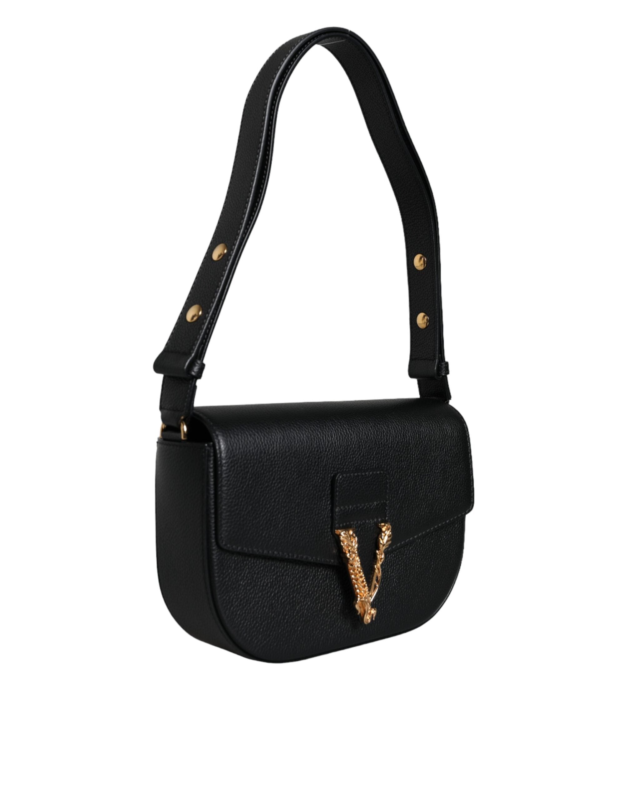 Crossbody-axelväska i svart, grovkornigt kalvskinn med logotyp