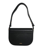 Crossbody-axelväska i svart, grovkornigt kalvskinn med logotyp
