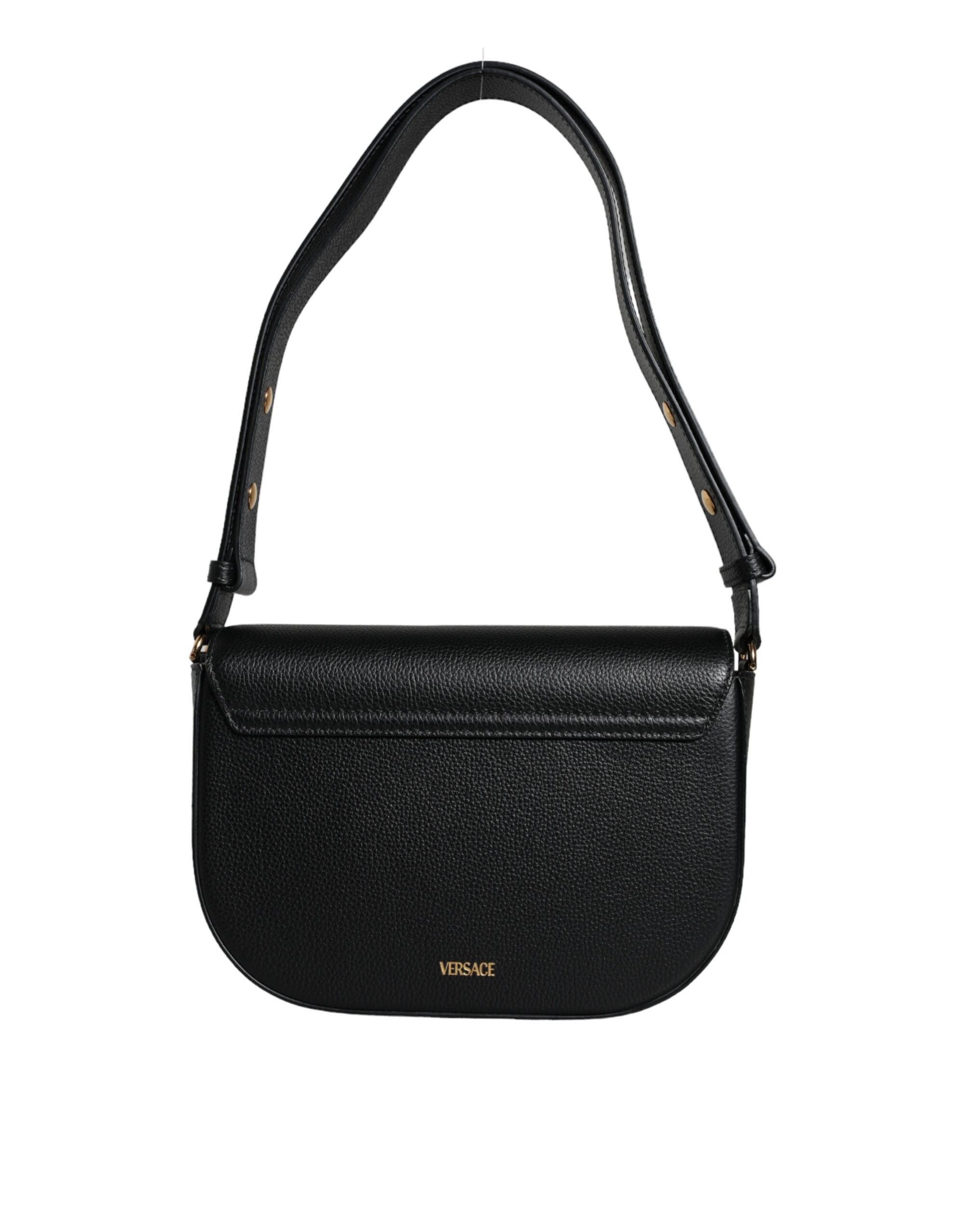 Crossbody-axelväska i svart, grovkornigt kalvskinn med logotyp
