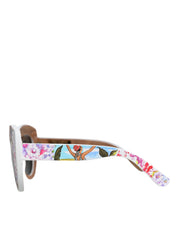 Multicolor Wood Crystal Brass Frame Floral Hand Paint Sunglasses