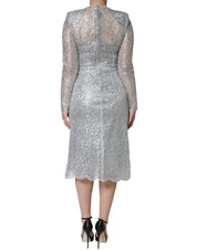 Silver Floral Lace Bodycon Sheath Midi Dress