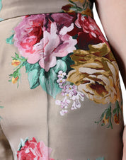 Beige Floral Jacquard High Waist Tapered Pants