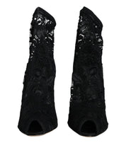 Black Lace Stretch Heels Mid Calf Boot Shoes
