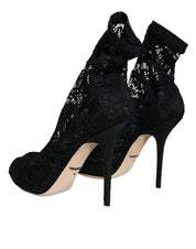 Black Lace Stretch Heels Mid Calf Boot Shoes