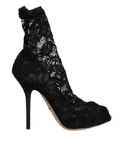 Black Lace Stretch Heels Mid Calf Boot Shoes
