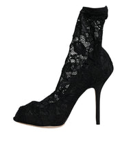 Black Lace Stretch Heels Mid Calf Boot Shoes