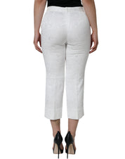 White Floral Brocade Cotton Cropped Pants
