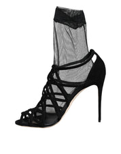 Black Tulle Stretch Heels Sandals Shoes