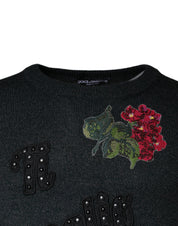 Gray Embellished Crew Neck Pullover Sweater