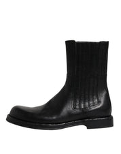 Black Horse Leather Mid Calf Boots Shoes