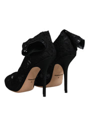 Black Lace Stretch Heels Mid Calf Boots Shoes