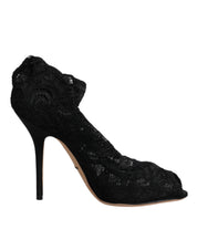 Black Lace Stretch Heels Mid Calf Boots Shoes