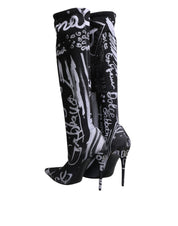 Black Logo Stretch Heels High Boots Shoes