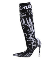 Black Logo Stretch Heels High Boots Shoes