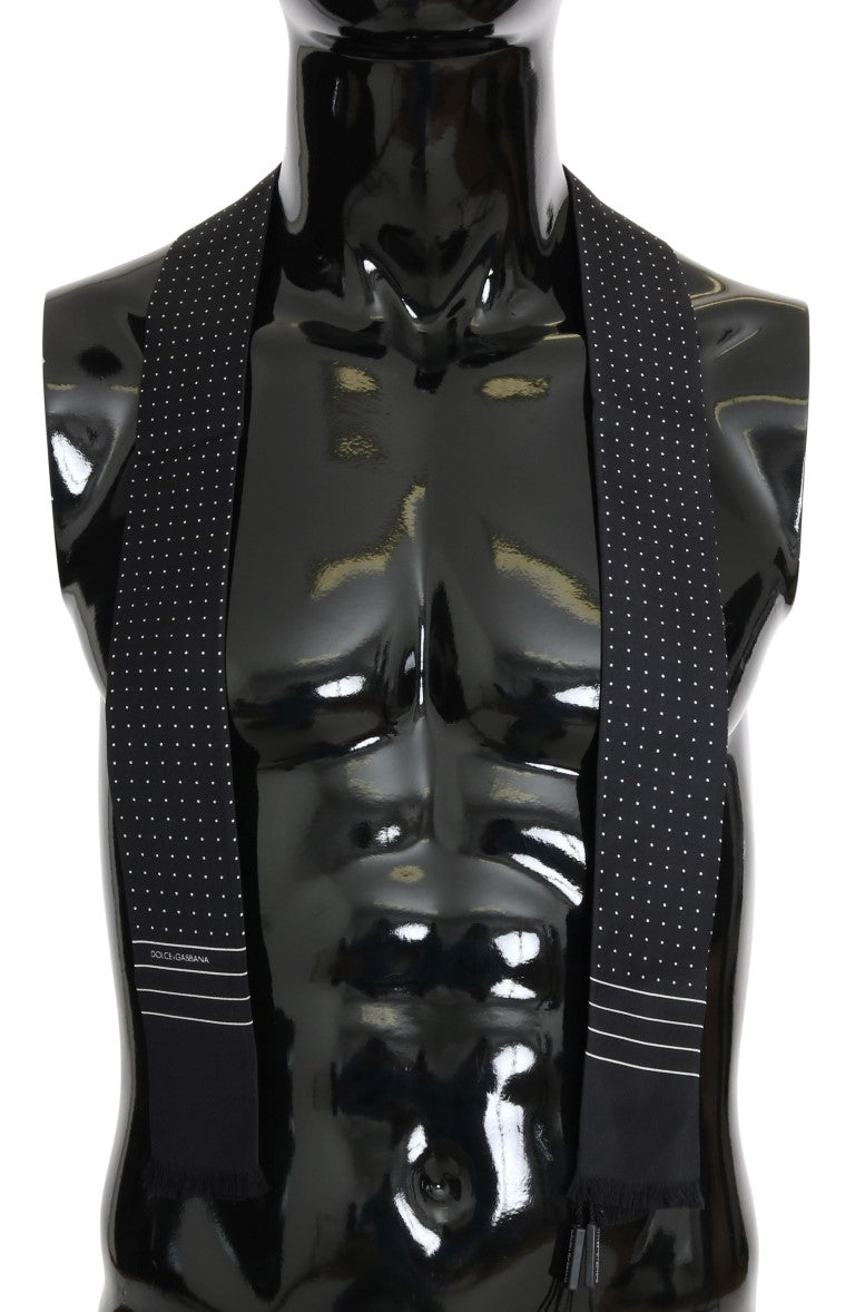 Mörkblå prickig sidenhalsduk med fransar