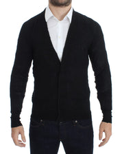 Black Fine Wool Button Cardigan