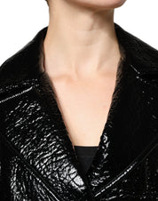 Black Leather Cropped Long Sleeve Coat Jacket