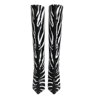 Black White Zebra Heels High Boots Shoes