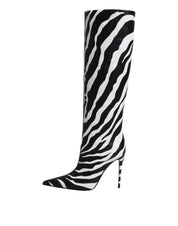 Black White Zebra Heels High Boots Shoes